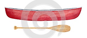 Red canoe and light brown paddle watercolor illustration set.