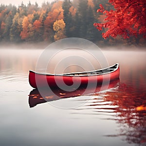 Red Canoe On Misty Autumn Lake