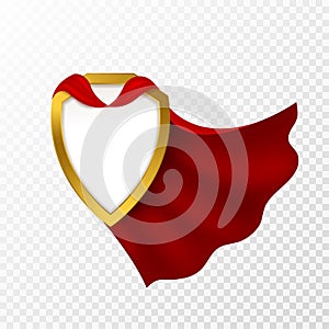 Red cape badge. Hero cloak, mantle carnival super clothes with blank shield. Success and leadership symbol, power vector