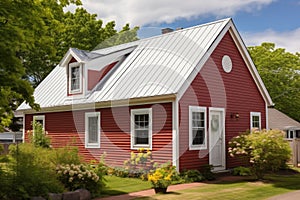 a red cape cod house with a side gable roof during daytime