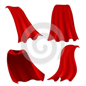 Red cape. Realistic draped scarlet cloak front, side and back view, silk mantle model clothing, carnival costume photo