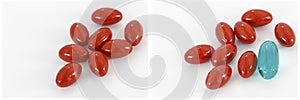 Red capsules drug supplements white background collage