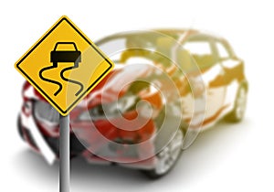 Red car accident with danger yellow sign
