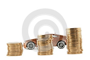 Red Car Behind Growing Piles OF Coins