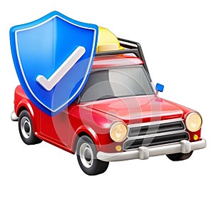 A red car with a blue shield on top of it