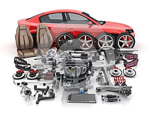 Red car body disassembled and many vehicles parts photo