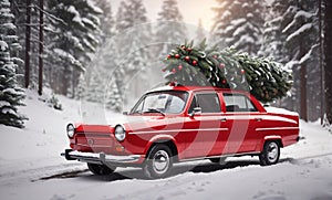 Red Car Carrying A Christmas Tree