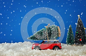 Red car carrying a christmas tree over the snow.