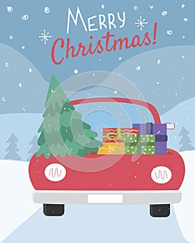 Red car carrying Christmas tree and presents in winter. Vector