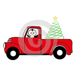 A red car is carrying a Christmas tree with a race at the top. Penguin. New Year. Christmas