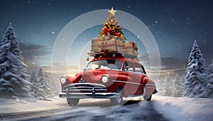 Red car carrying a Christmas tree on the roof in a snowy. Generative AI