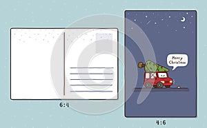 Red car carrying pine trees to make a Christmas tree  kawaii doodle flat cartoon postcard