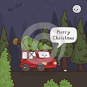 Red car carrying pine trees to make a Christmas tree kawaii doodle flat cartoon vector