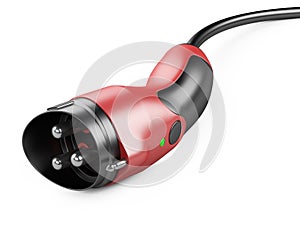 Red car charger power plug and supply electric cable.