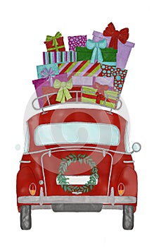 Red car with Christmas Gifts