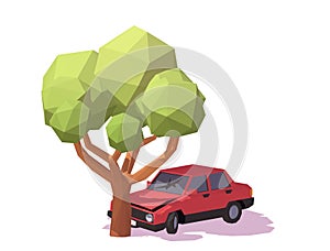 Red Car Crash With a Tree. Accident Concept. Low Poly Illustration
