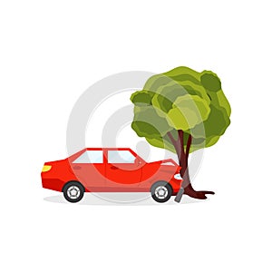 Red car crashed into big green tree. Auto accident scene. Driving safety theme. Flat vector for poster of auto service