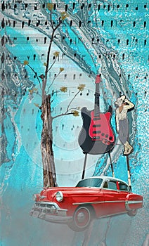 Red car with dead three and a Red giant guitar on a white and blue background