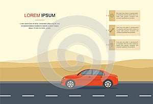 Red Car Drive on Road in the Desert Vector Illustration