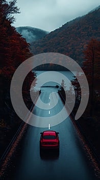 A red car driving down a road next to a lake