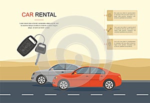 Red Car Driving on a Road in the desert . information, Rental car and Auto leasing banner.