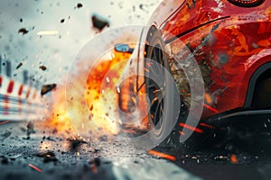 A red car engulfed in a raging inferno emits flames and billowing smoke, Crushing defeat of a sports car breaking down meters away