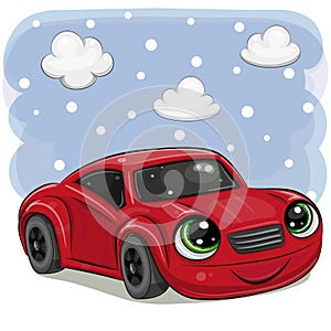 Red car with eyes on on a sky background