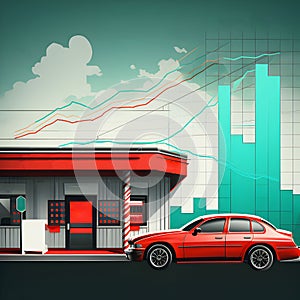 Red car at a gas station. Ascending graphs. Concept of increasing fuel prices