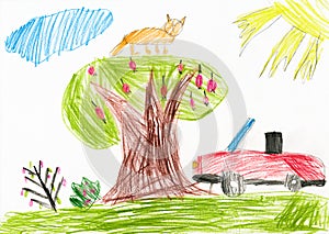 Red car on a glade. children drawing