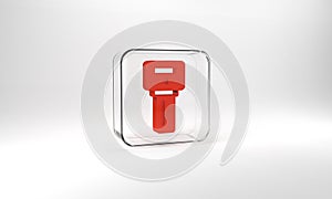 Red Car key with remote icon isolated on grey background. Car key and alarm system. Glass square button. 3d illustration