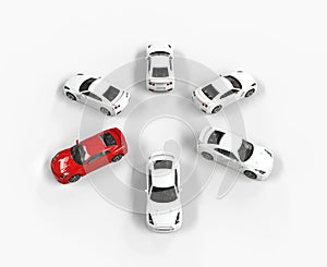 Red car among many white cars - top view