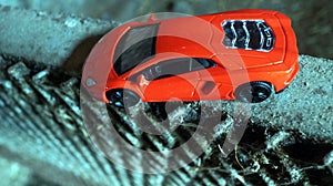 A red car model, traveling on an old fence