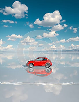 A red car is parked on a lake AI Generated