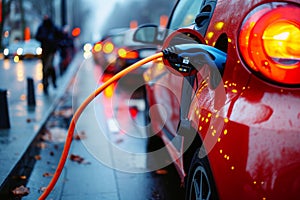 A red car parked next to an electric charger, with the charging cable connected