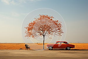 a red car parked next to a tree in a field