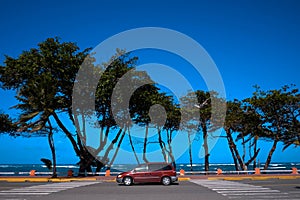 Red car parked on the tropical beach seaside in a hot windy sunny day