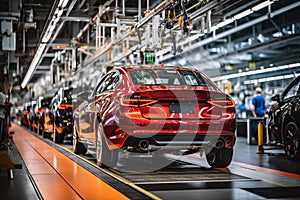 Red car in the production line of the automobile factory. Automotive industry