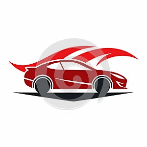 A red car with a red flame design on its exterior, A minimalist logo featuring a stylized factory silhouette