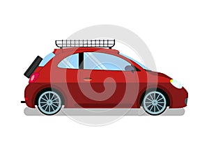 Red Car with Roof Rails Flat Vector Illustration