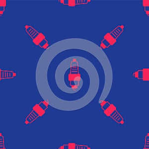 Red Car spark plug icon isolated seamless pattern on blue background. Car electric candle. Vector
