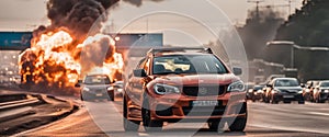 A red car speed drive in the motorway escaping from a huge crash explosion