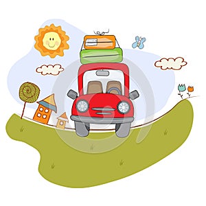 Red car with suitcases on the road. Summer holiday poster