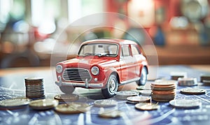 Red car on the table among the coins. Concept of buying, renting, insuring or leasing a car