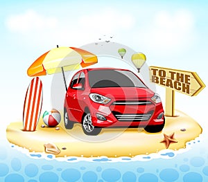 Red Car to the Beach with Surfboard and Beach Ball