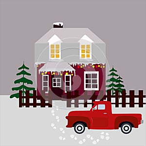 Red car with tracks on the white snow festive Christmas two-story house with a garland on the front and green Christmas