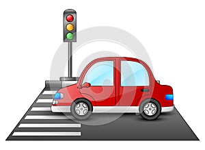 Red car and traffic lights on a pedestrian crossing