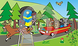 Red car and train with animals, colorful illustration, eps