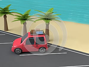 Red car travel parking on the beach blue sea with coconut-palm trees cartoon style 3d render vacation travel summer concept