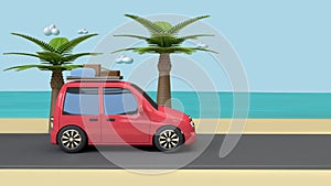 Red car travel on road beach blue sky sea with coconut-palm trees cartoon style 3d render vacation travel summer concept