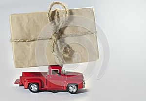Red car, on white background, Christmas tree, gift box with ribbon
